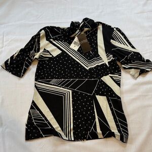 Lauren Ralph Lauren Black and Cream Geometric Short Sleeve Top